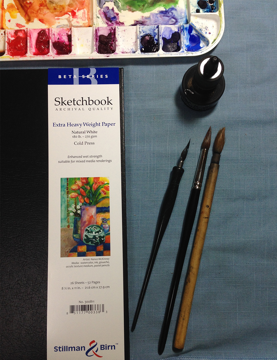 Materials: Ink, watercolor, paper, dip pen and brushes