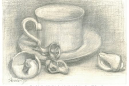 Drawing of a coffee cup with four broken seashells
