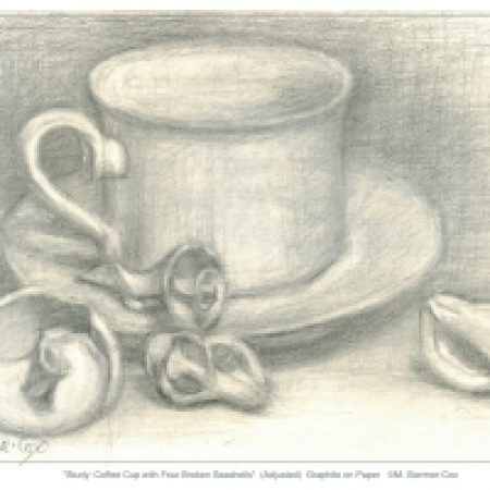 Drawing of a coffee cup with four broken seashells