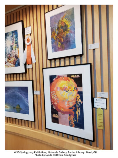 "Spiral Gyre #2 Earns An Award. Seen here with other paintings from the Watercolor Society of Oregon Spring 2023 Exhibition, Bend OR