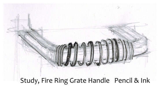 Camp fire ring grate handle study - drawings from July 2023 camping trip