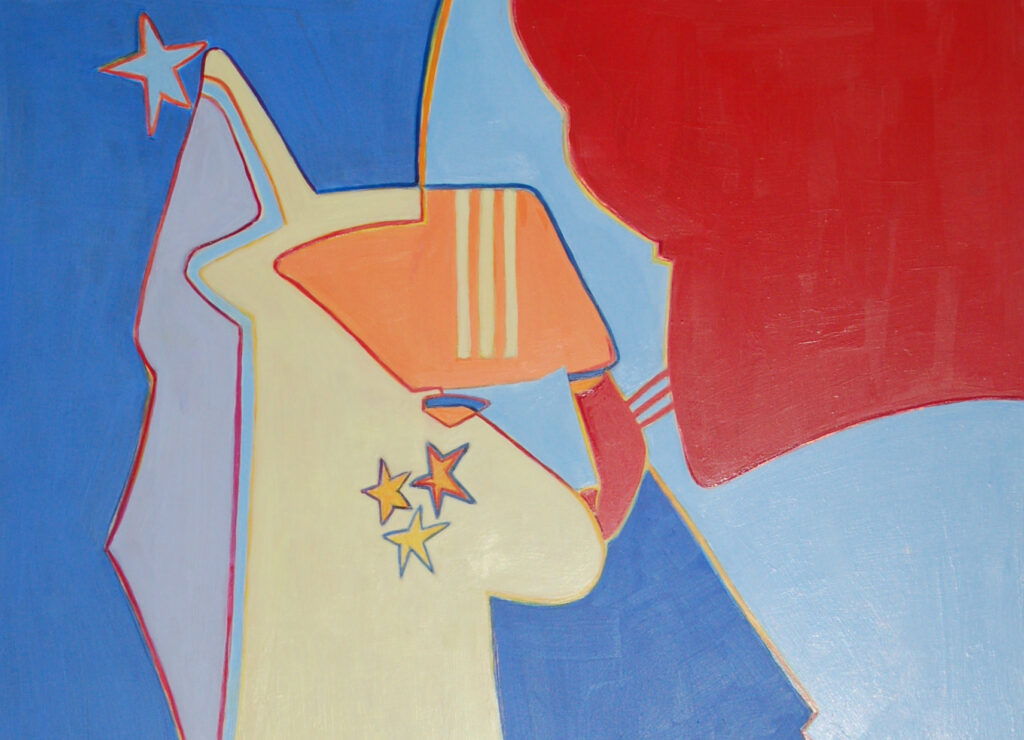 Detail, "KittyKitty - Red, Gold & Blue". by Margaret Stermer-Cox